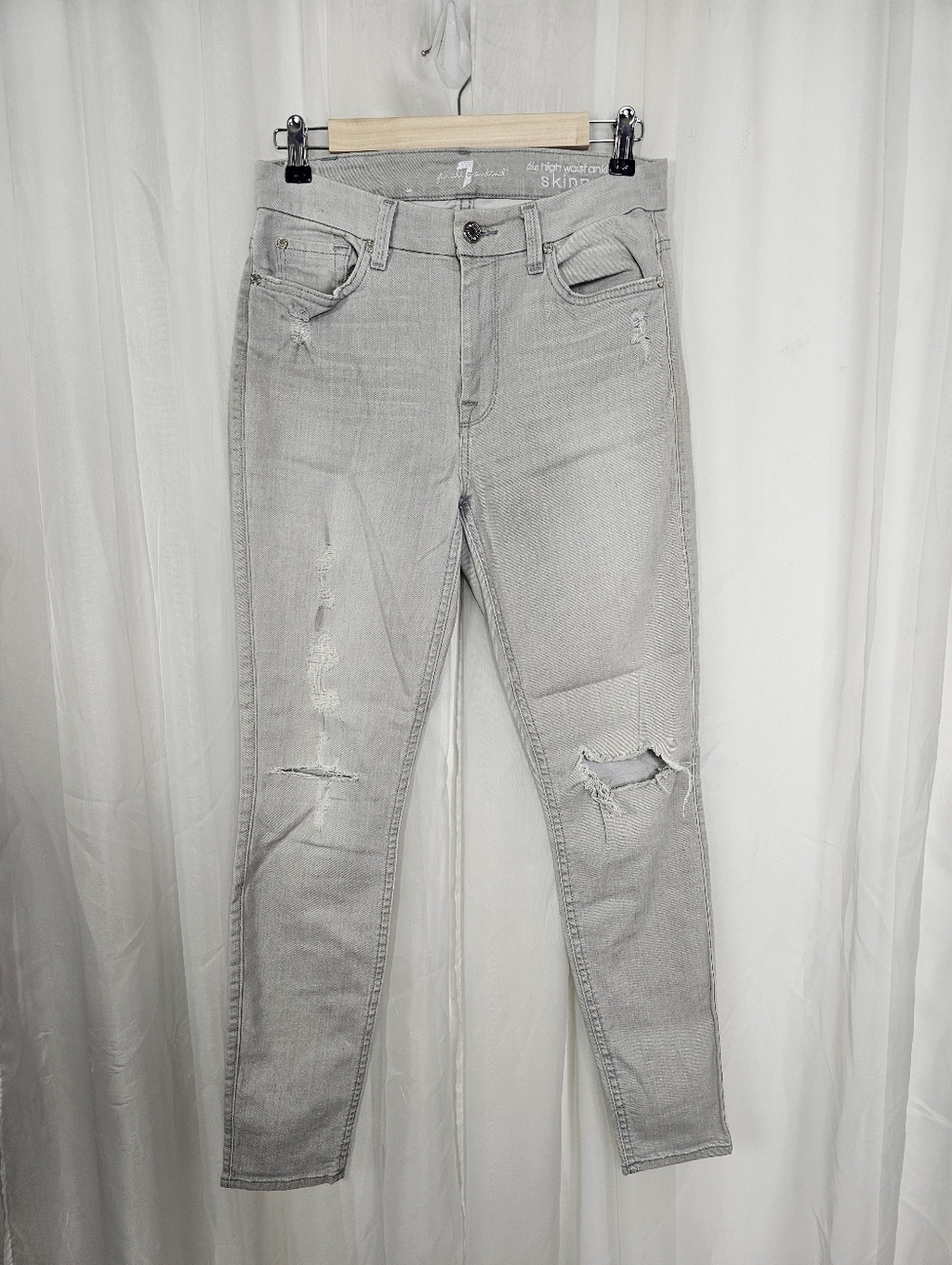 7 For All Mankind The High Waist Ankle Skinny Light Gray Distressed Jeans 27